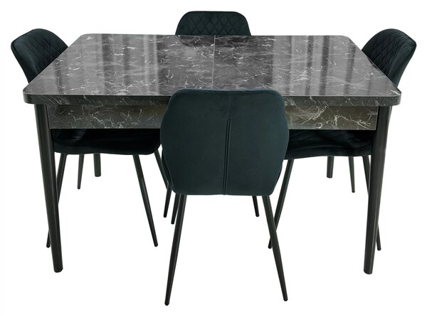 Set masa extensibila Napoli Black Marble cu 4 scaune Goteborg negru, DENVER, picioare vopsite negru, 130x80x76 cm