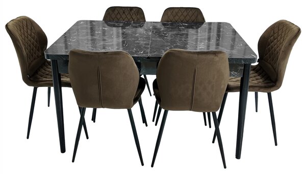Set masa extensibila Napoli Black Marble cu 6 scaune Goteborg maro, DENVER, picioare vopsite negru, 130x80x76 cm