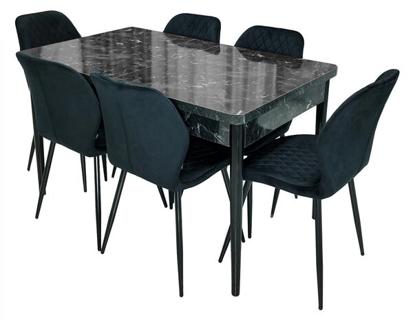 Set masa extensibila Napoli Black Marble cu 6 scaune Goteborg negru, DENVER, picioare vopsite negru, 130x80x76 cm