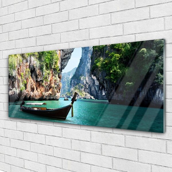 Tablou pe sticla Barca Lacul Rocks Peisaj Albastru Maro Verde
