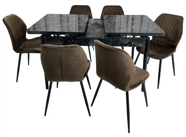 Set masa extensibila Napoli Black Marble cu 6 scaune Goteborg maro, DENVER, picioare vopsite negru, 130x80x76 cm