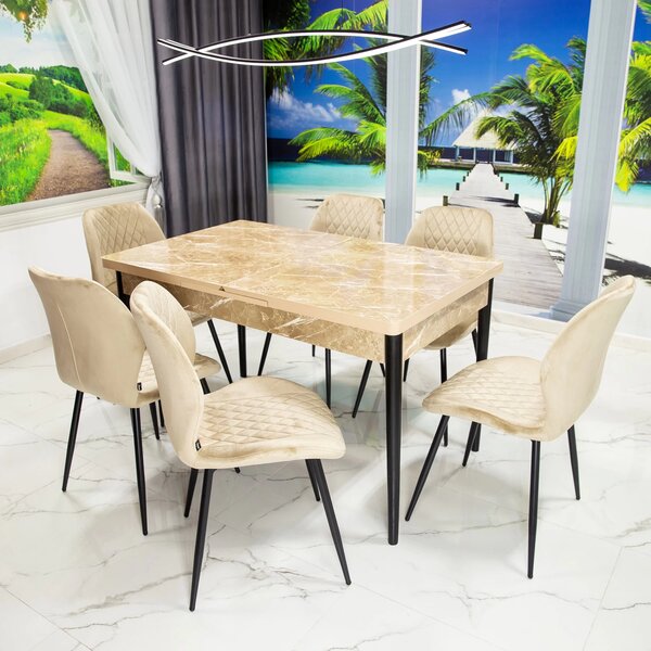 Set masa extensibila Napoli Royal Beige cu 6 scaune Goteborg bej, DENVER, picioare vopsite negru, 130x80x76 cm