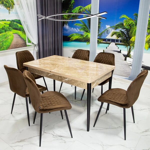 Set masa extensibila Napoli Royal Beige cu 6 scaune Goteborg maro, DENVER, picioare vopsite negru, 130x80x76 cm
