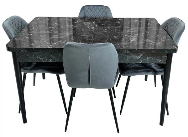 Set masa extensibila Napoli Black Marble cu 4 scaune Goteborg gri, DENVER, picioare vopsite negru, 130x80x76 cm