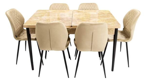 Set masa extensibila Napoli Royal Beige cu 6 scaune Goteborg bej, DENVER, picioare vopsite negru, 130x80x76 cm