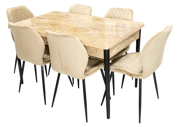 Set masa extensibila Napoli Royal Beige cu 6 scaune Goteborg bej, DENVER, picioare vopsite negru, 130x80x76 cm