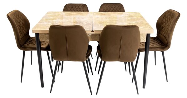 Set masa extensibila Napoli Royal Beige cu 6 scaune Goteborg maro, DENVER, picioare vopsite negru, 130x80x76 cm