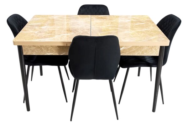 Set masa extensibila Napoli Royal Beige cu 4 scaune Goteborg negru, DENVER, picioare vopsite negru, 130x80x76 cm