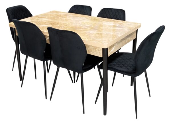 Set masa extensibila Napoli Royal Beige cu 6 scaune Goteborg negru, DENVER, picioare vopsite negru, 130x80x76 cm
