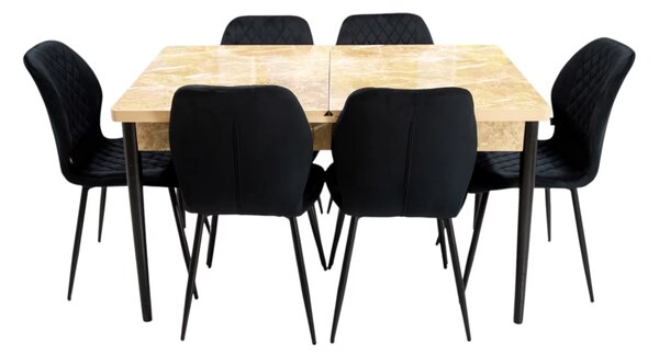 Set masa extensibila Napoli Royal Beige cu 6 scaune Goteborg negru, DENVER, picioare vopsite negru, 130x80x76 cm