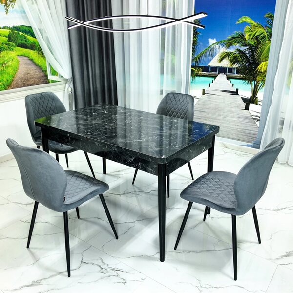 Set masa extensibila Napoli Black Marble cu 4 scaune Goteborg gri, DENVER, picioare vopsite negru, 130x80x76 cm
