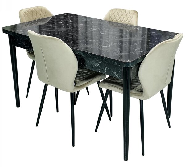 Set masa extensibila Napoli Black Marble cu 4 scaune Goteborg bej, DENVER, picioare vopsite negru, 130x80x76 cm