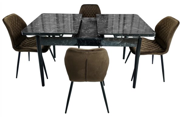 Set masa extensibila Napoli Black Marble cu 4 scaune Goteborg maro, DENVER, picioare vopsite negru, 130x80x76 cm