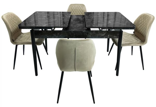 Set masa extensibila Napoli Black Marble cu 4 scaune Goteborg bej, DENVER, picioare vopsite negru, 130x80x76 cm