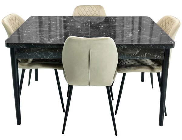 Set masa extensibila Napoli Black Marble cu 4 scaune Goteborg bej, DENVER, picioare vopsite negru, 130x80x76 cm