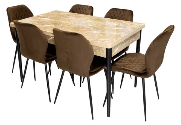 Set masa extensibila Napoli Royal Beige cu 6 scaune Goteborg maro, DENVER, picioare vopsite negru, 130x80x76 cm