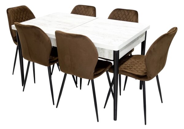 Set masa extensibila Napoli Pin antichizat cu 6 scaune Goteborg maro, DENVER, picioare vopsite negru, 130x80x76 cm