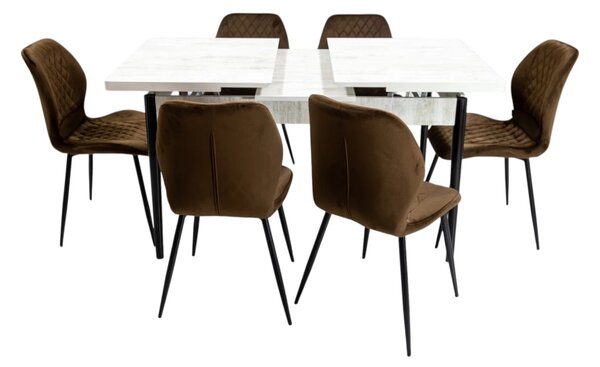 Set masa extensibila Napoli Pin antichizat cu 6 scaune Goteborg maro, DENVER, picioare vopsite negru, 130x80x76 cm