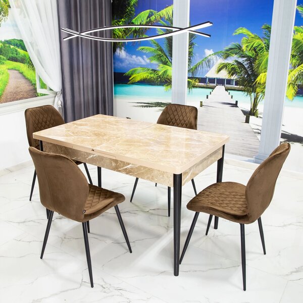 Set masa extensibila Napoli Royal Beige cu 4 scaune Goteborg maro, DENVER, picioare vopsite negru, 130x80x76 cm