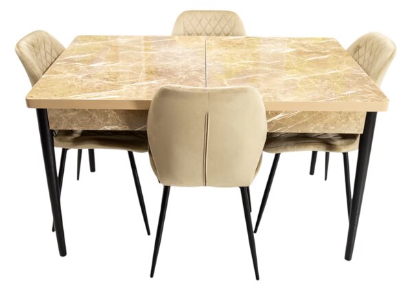 Set masa extensibila Napoli Royal Beige cu 4 scaune Goteborg bej, DENVER, picioare vopsite negru, 130x80x76 cm