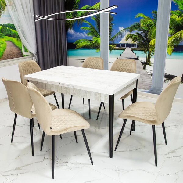 Set masa extensibila Napoli Pin antichizat cu 6 scaune Goteborg bej, DENVER, picioare vopsite negru, 130x80x76 cm