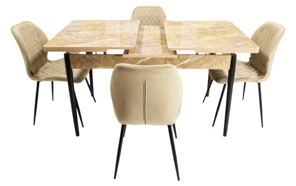 Set masa extensibila Napoli Royal Beige cu 4 scaune Goteborg bej, DENVER, picioare vopsite negru, 130x80x76 cm
