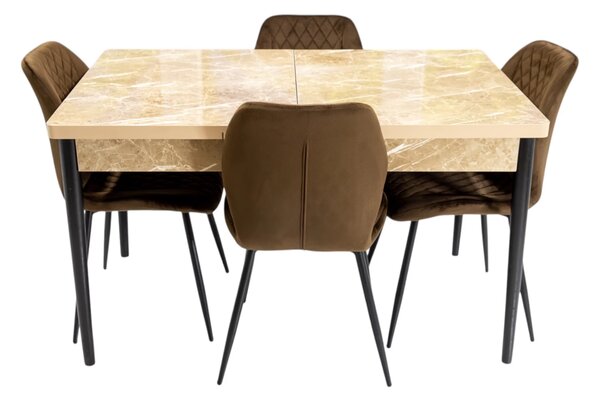 Set masa extensibila Napoli Royal Beige cu 4 scaune Goteborg maro, DENVER, picioare vopsite negru, 130x80x76 cm
