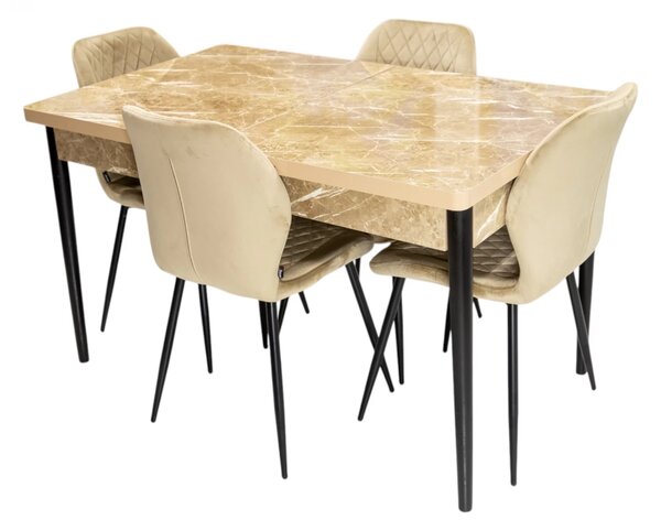 Set masa extensibila Napoli Royal Beige cu 4 scaune Goteborg bej, DENVER, picioare vopsite negru, 130x80x76 cm