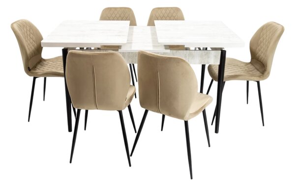 Set masa extensibila Napoli Pin antichizat cu 6 scaune Goteborg bej, DENVER, picioare vopsite negru, 130x80x76 cm