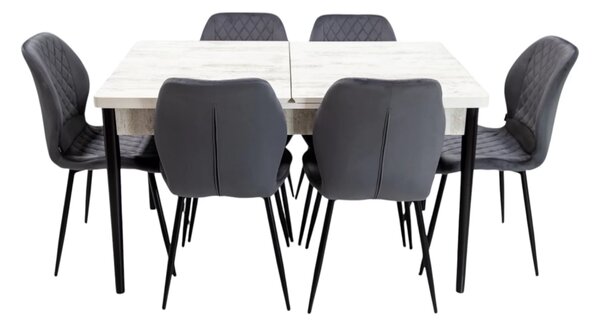 Set masa extensibila Napoli Pin antichizat cu 6 scaune Goteborg gri, DENVER, picioare vopsite negru, 130x80x76 cm