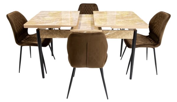 Set masa extensibila Napoli Royal Beige cu 4 scaune Goteborg maro, DENVER, picioare vopsite negru, 130x80x76 cm