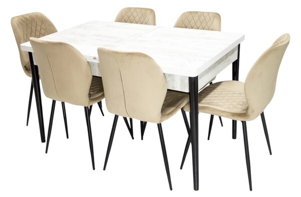 Set masa extensibila Napoli Pin antichizat cu 6 scaune Goteborg bej, DENVER, picioare vopsite negru, 130x80x76 cm