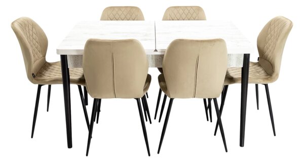 Set masa extensibila Napoli Pin antichizat cu 6 scaune Goteborg bej, DENVER, picioare vopsite negru, 130x80x76 cm