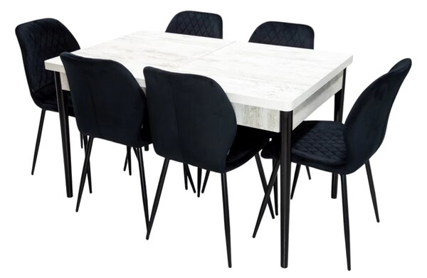 Set masa extensibila Napoli Pin antichizat cu 6 scaune Goteborg negru, DENVER, picioare vopsite negru, 130x80x76 cm