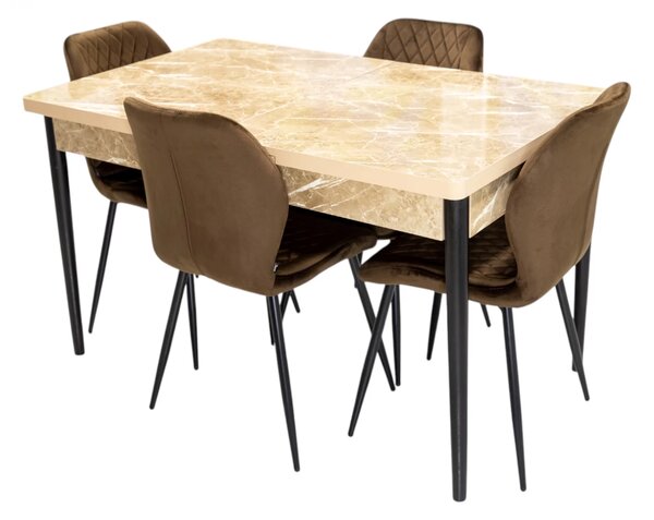 Set masa extensibila Napoli Royal Beige cu 4 scaune Goteborg maro, DENVER, picioare vopsite negru, 130x80x76 cm