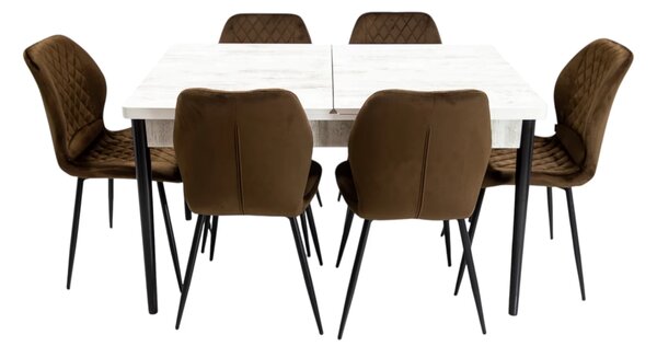 Set masa extensibila Napoli Pin antichizat cu 6 scaune Goteborg maro, DENVER, picioare vopsite negru, 130x80x76 cm