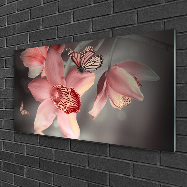 Tablou pe sticla Flori Floral Roz Gri