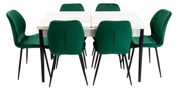 Set masa extensibila Napoli Pin antichizat cu 6 scaune Goteborg verde, DENVER, picioare vopsite negru, 130x80x76 cm