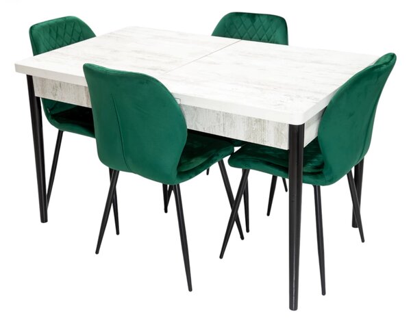 Set masa extensibila Napoli Pin antichizat cu 4 scaune Goteborg verde, DENVER, picioare vopsite negru, 130x80x76 cm