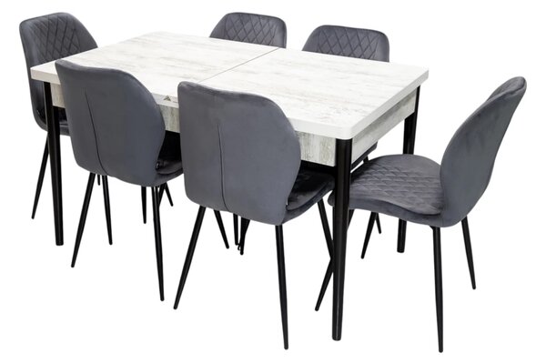 Set masa extensibila Napoli Pin antichizat cu 6 scaune Goteborg gri, DENVER, picioare vopsite negru, 130x80x76 cm