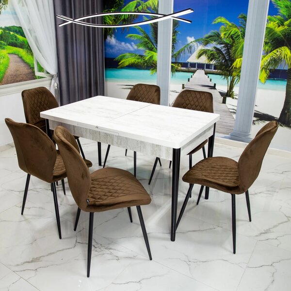 Set masa extensibila Napoli Pin antichizat cu 6 scaune Goteborg maro, DENVER, picioare vopsite negru, 130x80x76 cm