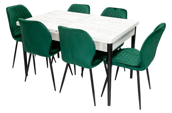 Set masa extensibila Napoli Pin antichizat cu 6 scaune Goteborg verde, DENVER, picioare vopsite negru, 130x80x76 cm