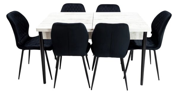 Set masa extensibila Napoli Pin antichizat cu 6 scaune Goteborg negru, DENVER, picioare vopsite negru, 130x80x76 cm