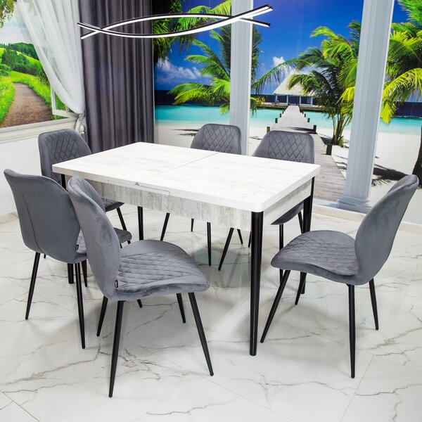 Set masa extensibila Napoli Pin antichizat cu 6 scaune Goteborg gri, DENVER, picioare vopsite negru, 130x80x76 cm