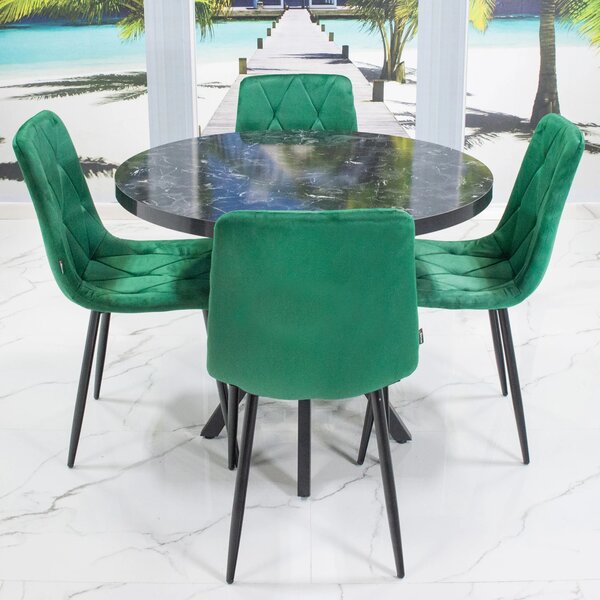 Set masa Hamburg Black Marble cu 4 scaune Kobe verde, picioare metalice negre, forma rotunda, 90x73 cm