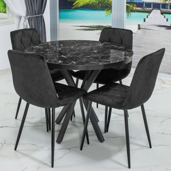 Set masa Hamburg Black Marble cu 4 scaune Kobe negru, DENVER, picioare metalice negre, forma rotunda, 90x73 cm
