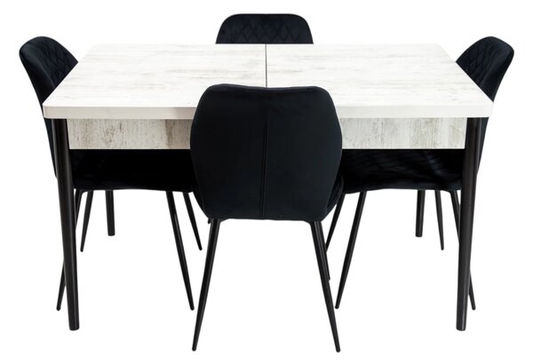 Set masa extensibila Napoli Pin antichizat cu 4 scaune Goteborg negru, DENVER, picioare vopsite negru, 130x80x76 cm