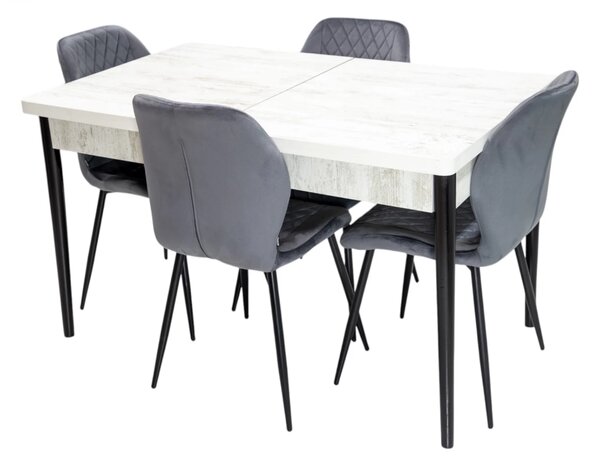 Set masa extensibila Napoli Pin antichizat cu 4 scaune Goteborg gri, DENVER, picioare vopsite negru, 130x80x76 cm