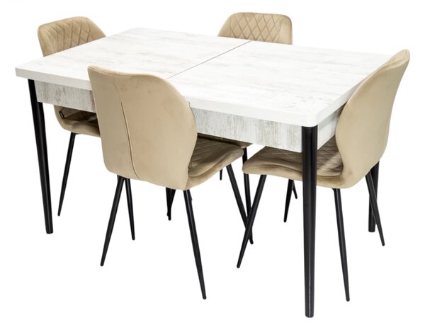 Set masa extensibila Napoli Pin antichizat cu 4 scaune Goteborg bej, DENVER, picioare vopsite negru, 130x80x76 cm