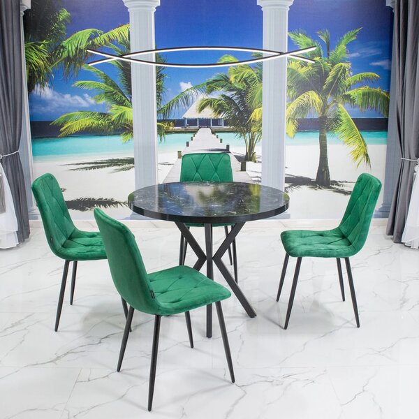 Set masa Hamburg Black Marble cu 4 scaune Kobe verde, picioare metalice negre, forma rotunda, 90x73 cm